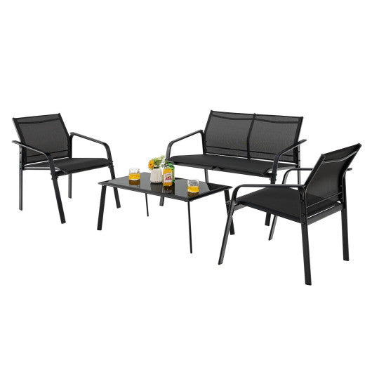 4 Pieces Patio Furniture Set with Armrest Loveseat Sofas and Glass Table Deck-Black - Set Shop and Smile