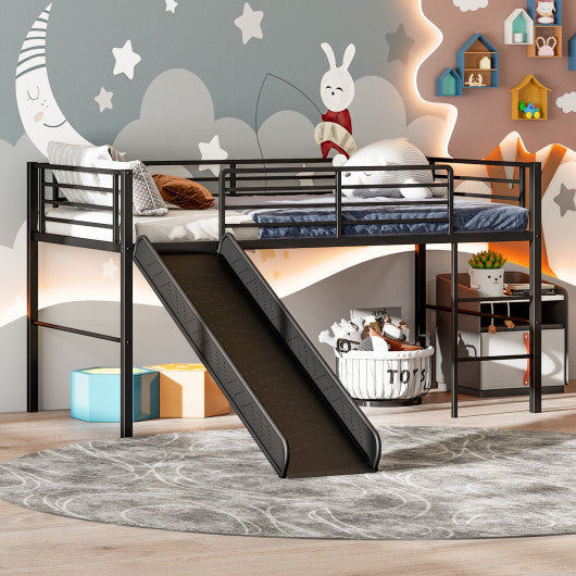 Twin Metal Loft Bed with Slide Safety Guardrails and Built-in Ladder-Silver - Set Shop and Smile