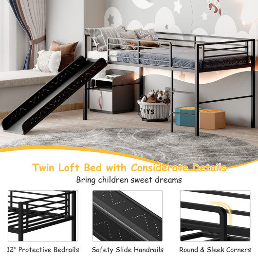 Twin Metal Loft Bed with Slide Safety Guardrails and Built-in Ladder-Silver - Set Shop and Smile