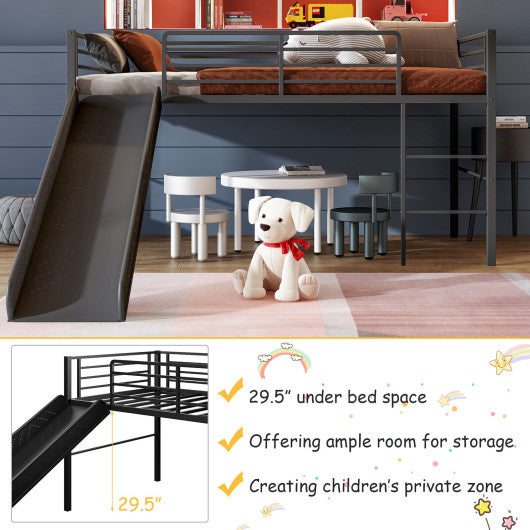 Twin Metal Loft Bed with Slide Safety Guardrails and Built-in Ladder-Silver - Set Shop and Smile