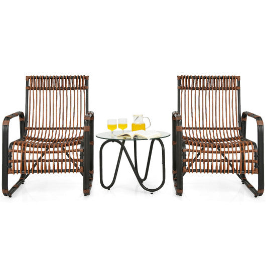 3 Pieces Patio Rattan Furniture Set with 2 Single Wicker Chairs and Glass Side Table - Set Shop and Smile