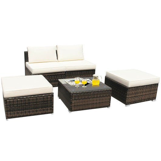 5 Pieces Patio Rattan Furniture Set with Cushioned Armless Sofa-Red - Set Shop and Smile