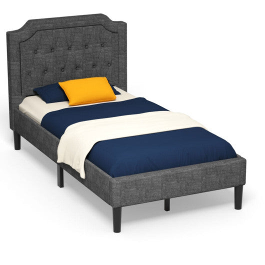 Linen Twin Upholstered Platform Bed with Frame Headboard Mattress Foundation - Set Shop and Smile