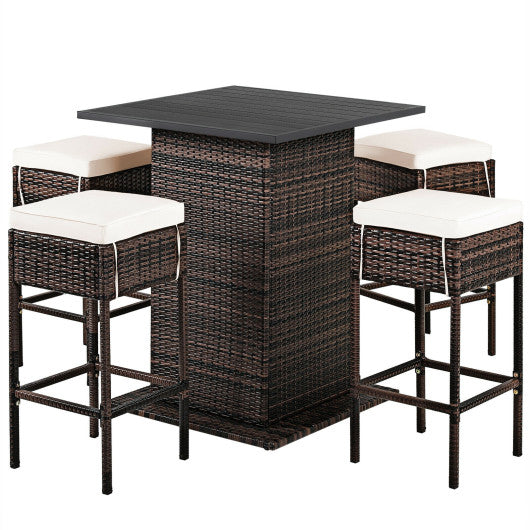 5 Pieces Patio Rattan Bar Table Stool Set Hidden Storage Shelf Cushioned-Navy - Set Shop and Smile
