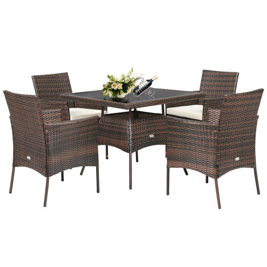 5 Pieces Patio Rattan Dining Furniture Set with Arm Chair and Wooden Table Top - Set Shop and Smile