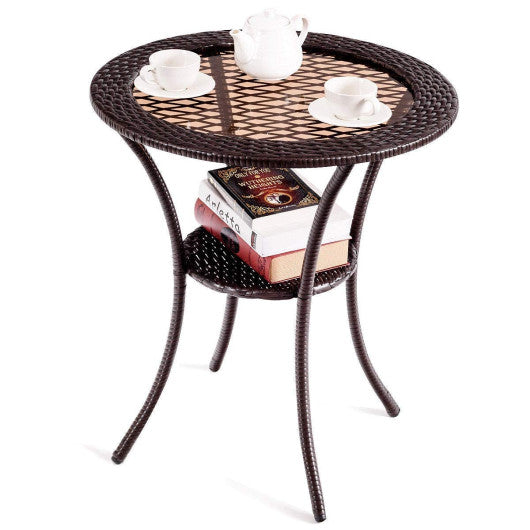 Round Rattan Wicker Coffee Table with Lower Shelf - Set Shop and Smile