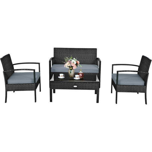 4 Pieces Patio Rattan Cushioned Furniture Set with Loveseat and Table-Black - Set Shop and Smile