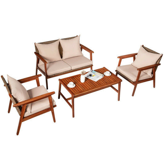 4 Piece Acacia Wood Patio Rattan Furniture Set-Navy - Set Shop and Smile
