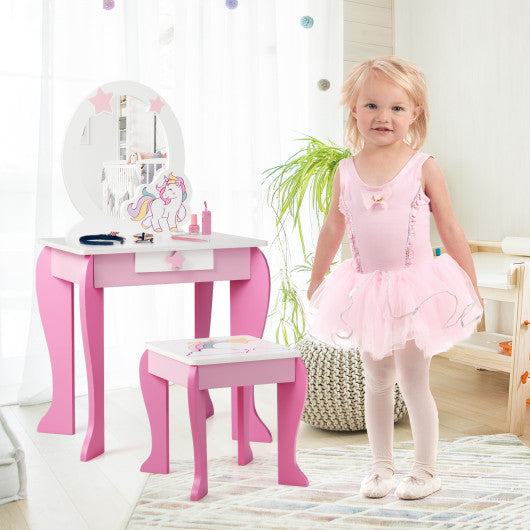 Kids Wooden Makeup Dressing Table and Chair Set with Mirror and Drawer - Set Shop and Smile