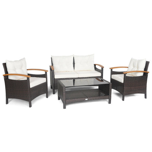 4 Pieces Patio Rattan Furniture Set with Cushioned Sofa and Storage Table-Navy - Set Shop and Smile