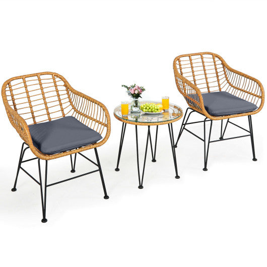 3 Pieces Rattan Furniture Set with Cushioned Chair Table-Gray - Set Shop and Smile