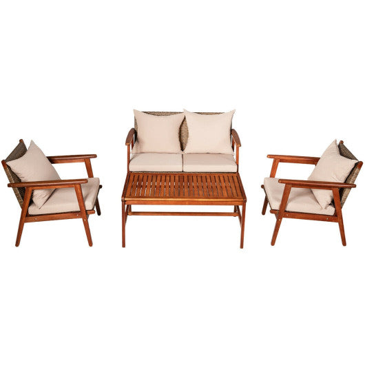4 Piece Acacia Wood Patio Rattan Furniture Set-Navy - Set Shop and Smile
