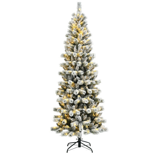 5 Feet Pre-Lit Hinged Christmas Tree Snow Flocked with 9 Modes Remote Control Lights