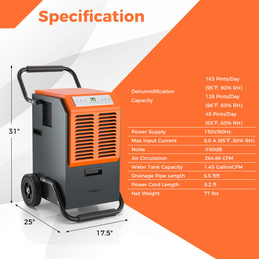 Portable Commercial Dehumidifier with Water Tank and Drainage Pipe-Gray