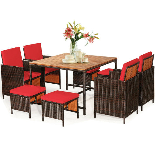 9 Pieces Patio Rattan Dining Cushioned Chairs Set-Red - Set Shop and Smile