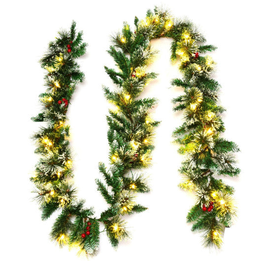 9 Feet Pre-lit Snow Flocked Tips Christmas Garland with Red Berries - Set Shop and Smile