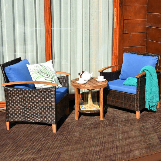3 Pieces Patio Rattan Furniture Set with Washable Cushion and Acacia Wood Tabletop-Beige - Set Shop and Smile