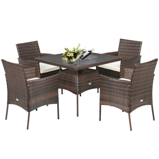 5 Pieces Patio Rattan Dining Furniture Set with Arm Chair and Wooden Table Top - Set Shop and Smile