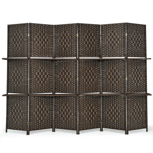 6 Panel Folding Weave Fiber Room Divider with 2 Display Shelves -Black - Set Shop and Smile
