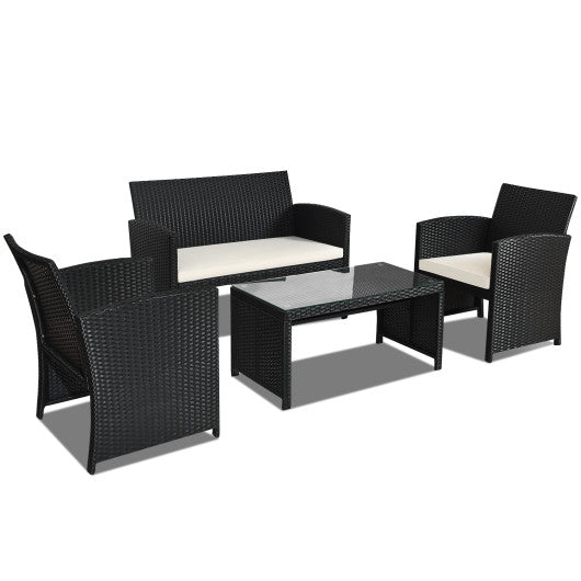 4 Pieces Rattan Patio Furniture Set with Weather Resistant Cushions and Tempered Glass Tabletop-Navy - Set Shop and Smile