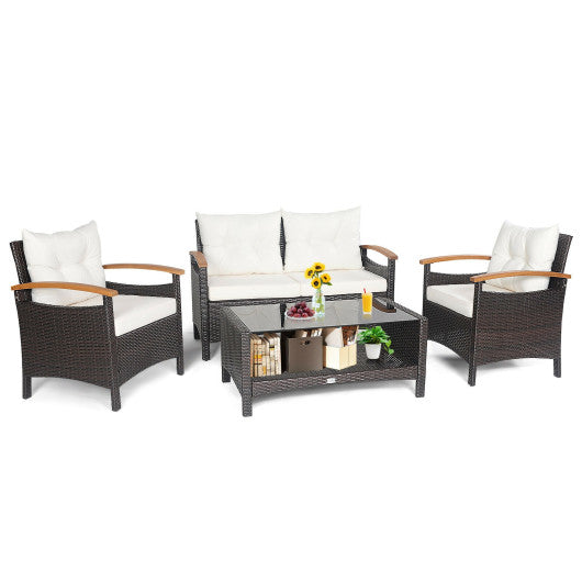 4 Pieces Patio Rattan Furniture Set with Cushioned Sofa and Storage Table-Navy - Set Shop and Smile