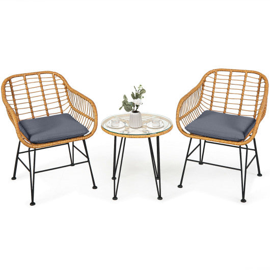 3 Pieces Rattan Furniture Set with Cushioned Chair Table-Gray - Set Shop and Smile