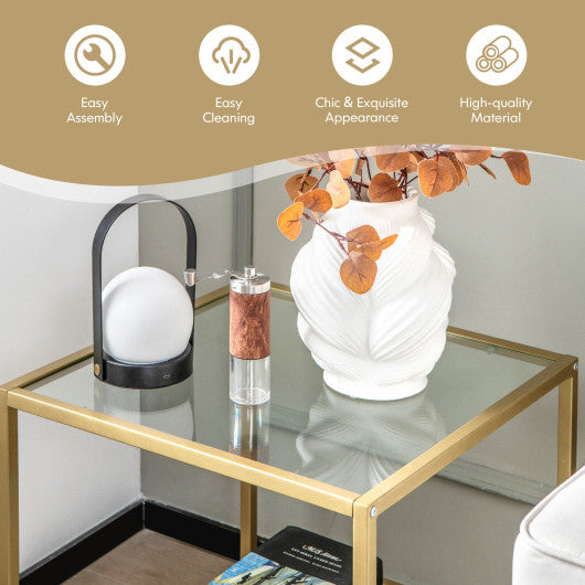 22 Inch 2-Tier Square Sofa Side Table with Tempered Glass Tabletop-Golden - Set Shop and Smile