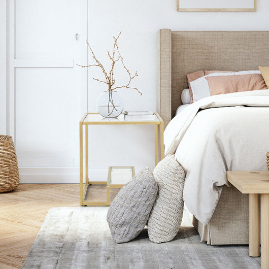 22 Inch 2-Tier Square Sofa Side Table with Tempered Glass Tabletop-Golden - Set Shop and Smile