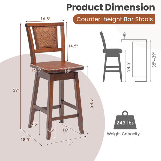 24.5 Inch Counter Height Bar Stool with Rattan Back and 360° Swivel Seat - Set Shop and Smile