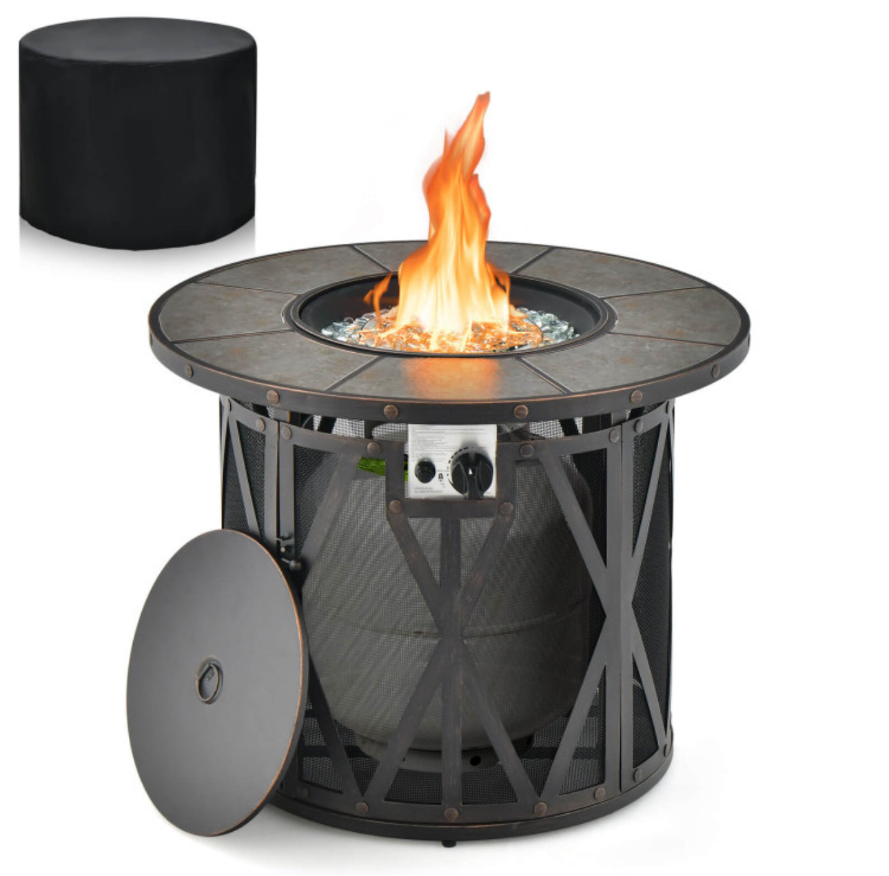32 Inch 30000BTU Fire Pit Table with Fire Glasses and PVC Cover