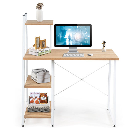 Compact Computer Desk Workstation with 4 Tier Shelves for Home and Office-Brown - Set Shop and Smile