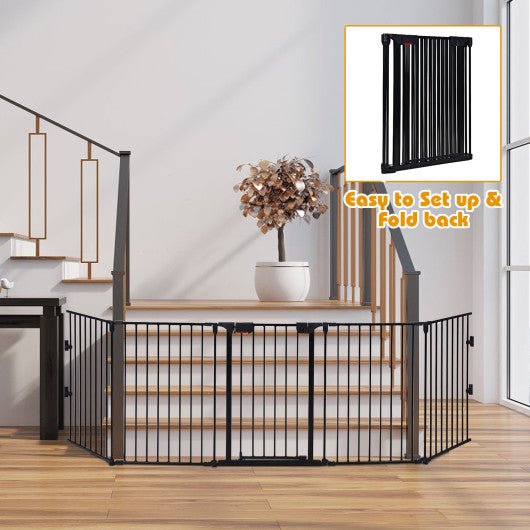 115 Inch Length 5 Panel Adjustable Wide Fireplace Fence-Black - Set Shop and Smile
