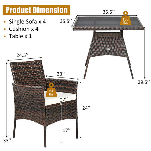 5 Pieces Patio Rattan Dining Furniture Set with Arm Chair and Wooden Table Top - Set Shop and Smile