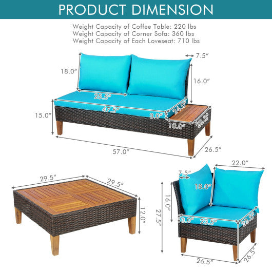 4 Pieces Patio Cushioned Rattan Furniture Set with Wooden Side Table-Navy - Set Shop and Smile