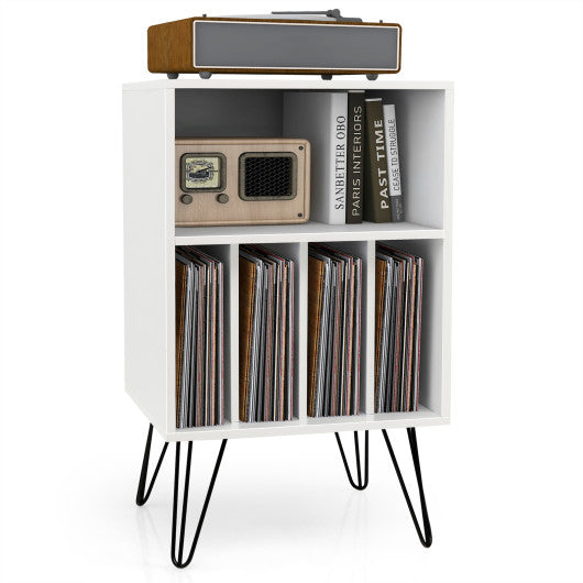 Freestanding Record Player Stand Record Storage Cabinet with Metal Legs-White - Set Shop and Smile
