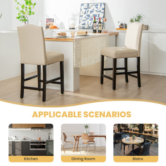 2 Pcs Fabric Nail Head Counter Height Dining Side Chairs Set-Beige