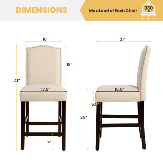 2 Pcs Fabric Nail Head Counter Height Dining Side Chairs Set-Beige