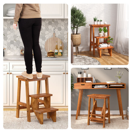 3-in-1 Rubber Wood Step Stool with Convenient Handle-Natural