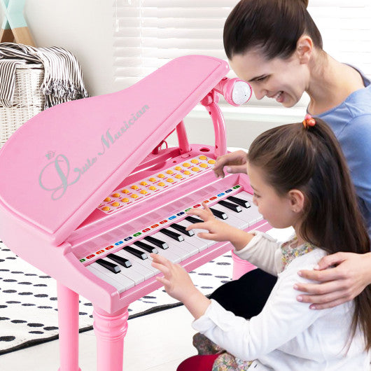 31 Keys Kids Piano Keyboard with Stool and Piano Lid-Pink - Set Shop and Smile