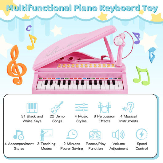 31 Keys Kids Piano Keyboard with Stool and Piano Lid-Pink - Set Shop and Smile