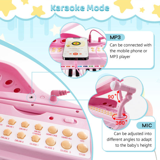 31 Keys Kids Piano Keyboard with Stool and Piano Lid-Pink - Set Shop and Smile