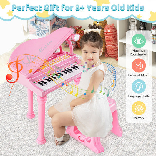 31 Keys Kids Piano Keyboard with Stool and Piano Lid-Pink - Set Shop and Smile