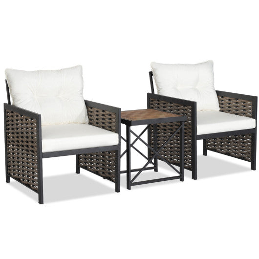 3 Pieces Patio Rattan Furniture Set with Acacia Wood Tabletop-White - Set Shop and Smile