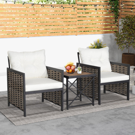 3 Pieces Patio Rattan Furniture Set with Acacia Wood Tabletop-White - Set Shop and Smile