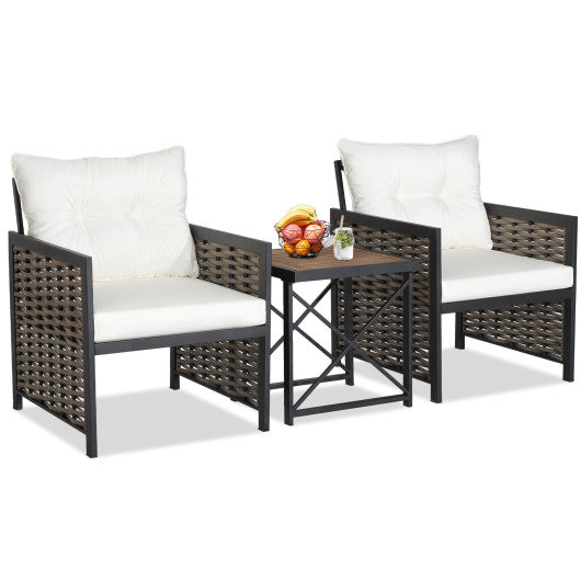 3 Pieces Patio Rattan Furniture Set with Acacia Wood Tabletop-White - Set Shop and Smile