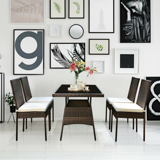 5 Pieces Outdoor Patio Rattan Dining Set with Glass Top with Cushions - Set Shop and Smile