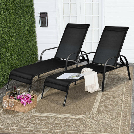 2 Pcs Outdoor Patio Lounge Chair Chaise Fabric with Adjustable Reclining Armrest-Brown - Set Shop and Smile