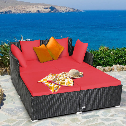 Spacious Outdoor Rattan Daybed with Upholstered Cushions and Pillows-Gray - Set Shop and Smile