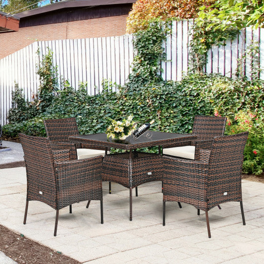 5 Pieces Patio Rattan Dining Furniture Set with Arm Chair and Wooden Table Top - Set Shop and Smile