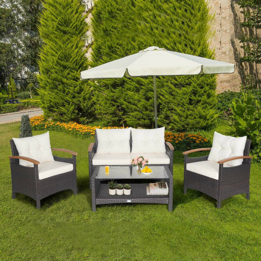 4 Pieces Patio Rattan Furniture Set with Cushioned Sofa and Storage Table-Navy - Set Shop and Smile